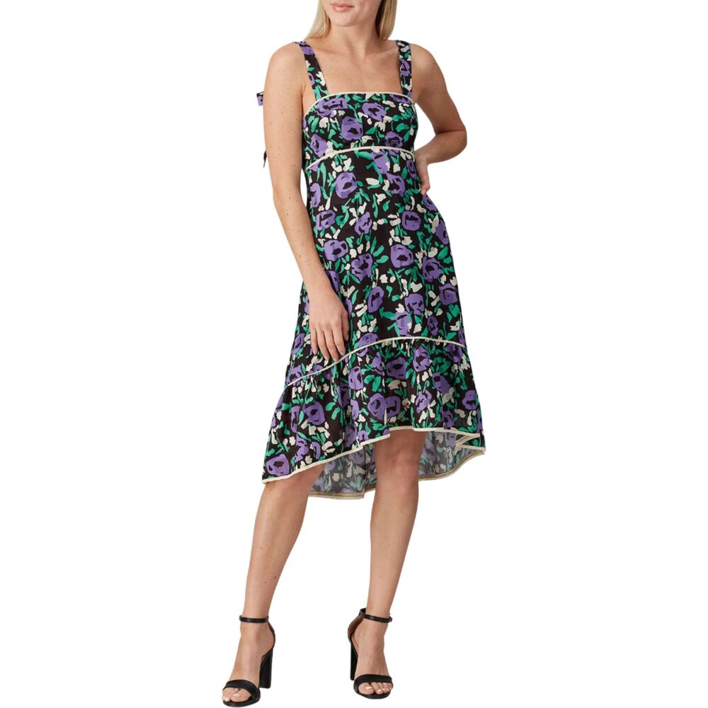 Foxiedox EUC Monet Short Dress Purple Green Floral Tiered Tie Strap Sz L FLAW